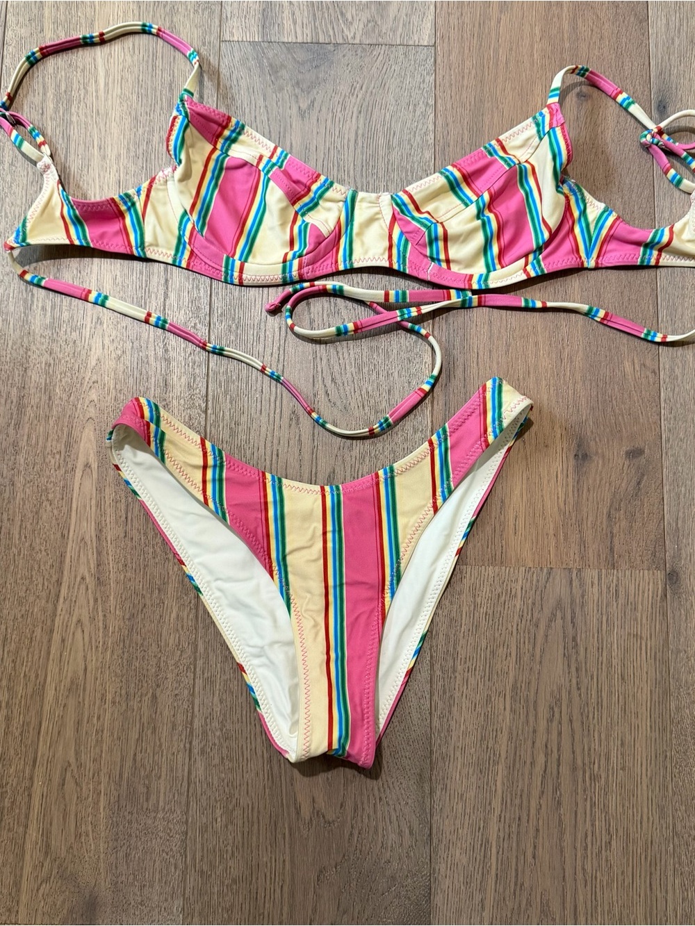 Djerf Avenue Rainbow-Trim Pink & Cream Bikini Set